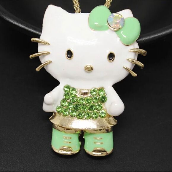 Green Enamel Cute Bow Kitty Cat Crystal Chain Necklace NWOT - Picture 1 of 2